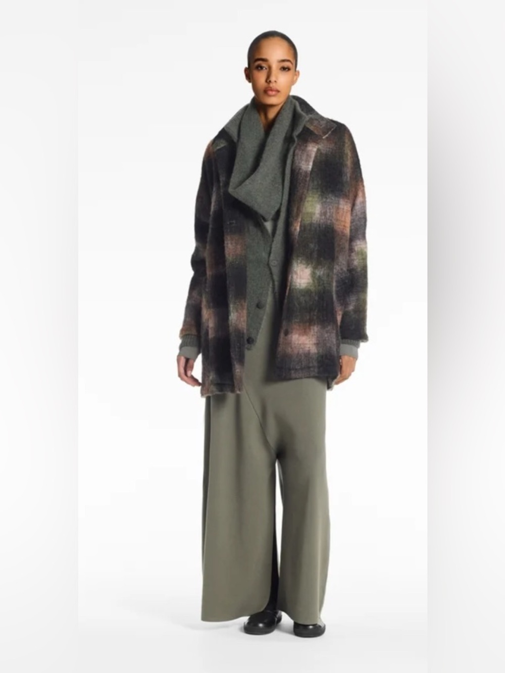 Sarah Pacini Kaki Wool Tartan Coat Size 2 / Oversized Medium